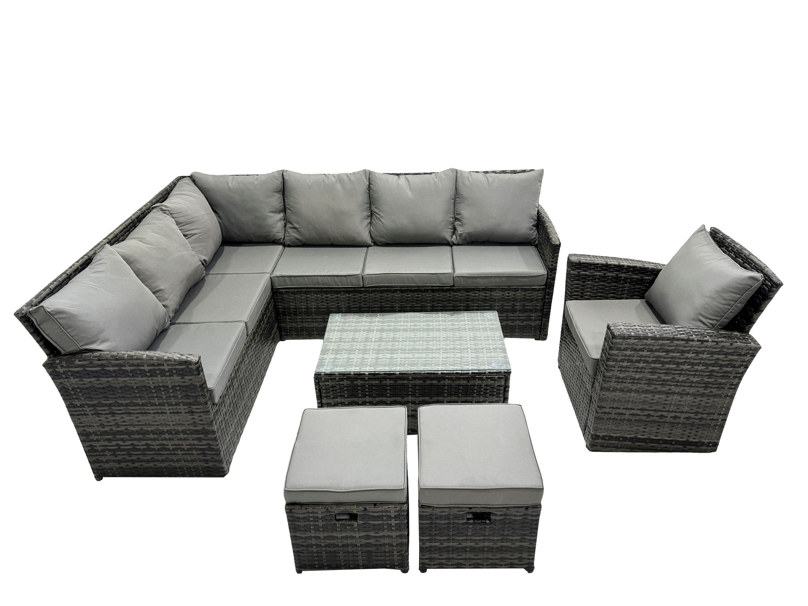 GARTENSET mit Couchtisch Polyrattan Dunkelgrau 9-Sitzer - Dunkelgrau/Grau, Glas/Kunststoff - Fimous