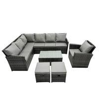 GARTENSET mit Couchtisch Polyrattan Dunkelgrau 9-Sitzer - Dunkelgrau/Grau, Glas/Kunststoff - Fimous