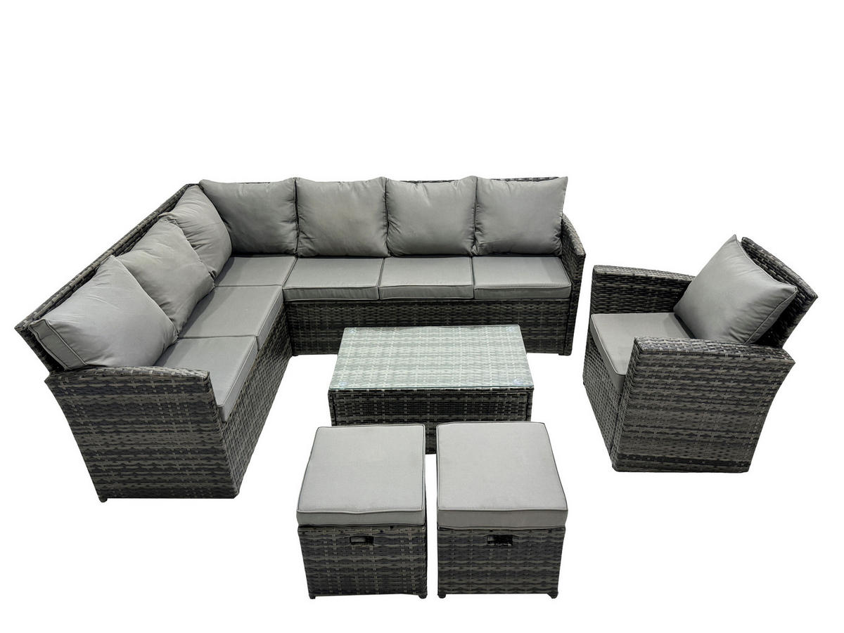 GARTENSET mit Couchtisch Polyrattan Dunkelgrau 9-Sitzer - Dunkelgrau/Grau, Glas/Kunststoff - Fimous