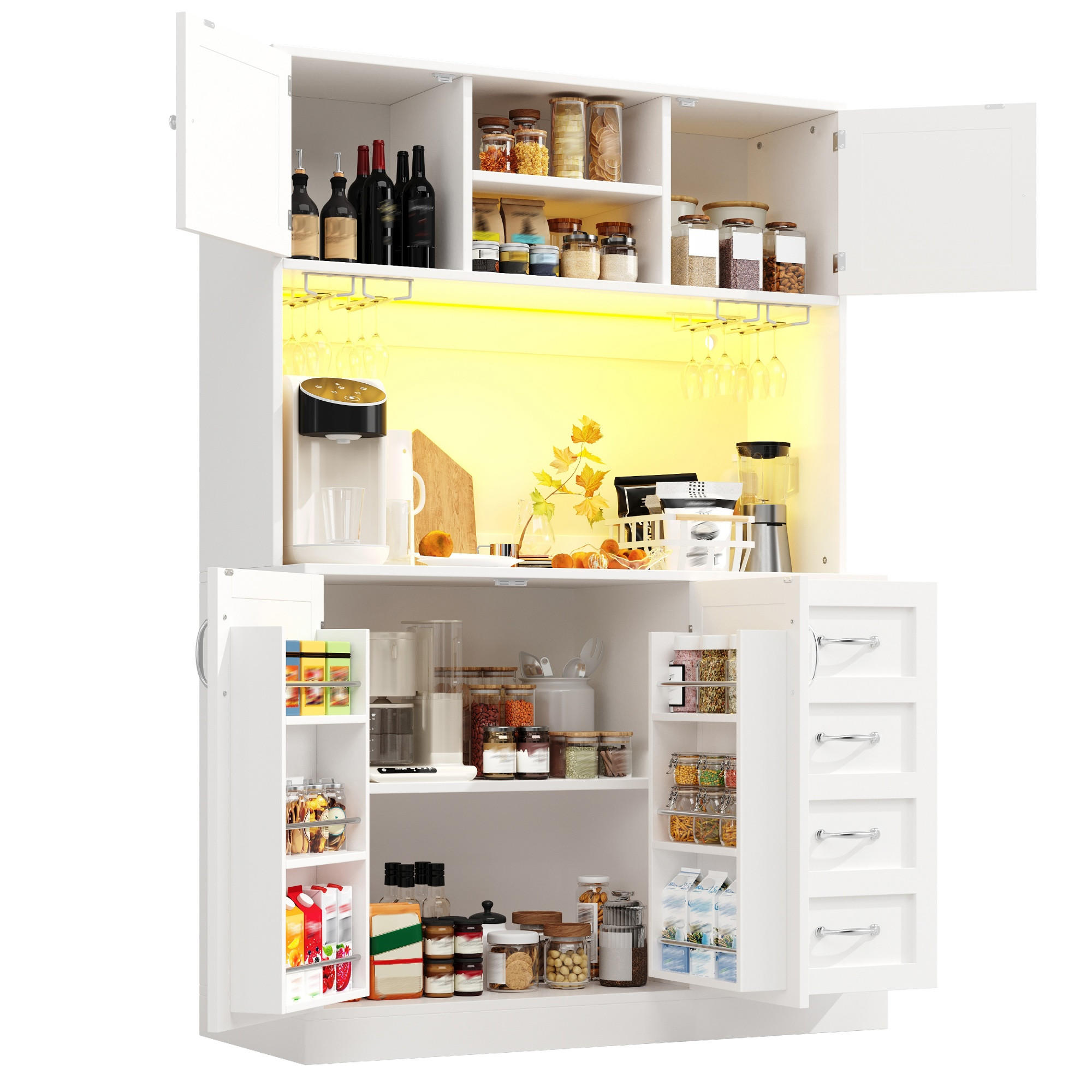 Redom BUFFET 120/40/188 cm s LED osvětlením, úložným prostorem, držáky na nápoje a 4 dvířky, Bílá