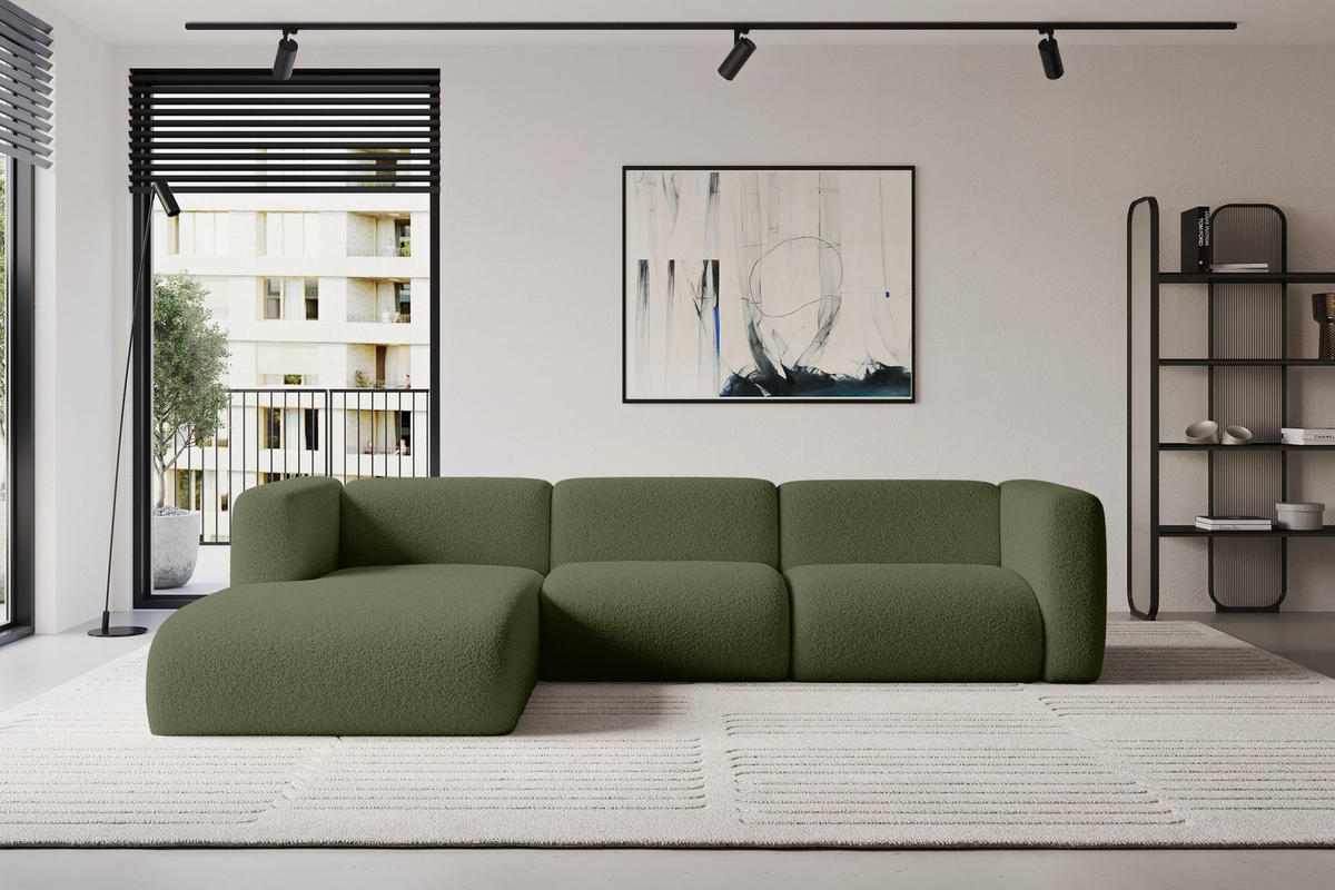 ECKSOFA Ottomane Links MIRA-L2 318x179x89 Grün Bouclé - Schwarz/Olivgrün, Holzwerkstoff/Kunststoff (318/179cm) - ALTDECOR
