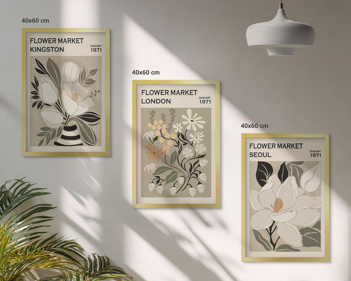 BILDER SET 3er Set - 40x60 cm Goldrahmen - Retro-Blumen aus Städten rund um die Welt - Goldfarben, Kunststoff (40/60cm) - TULUP