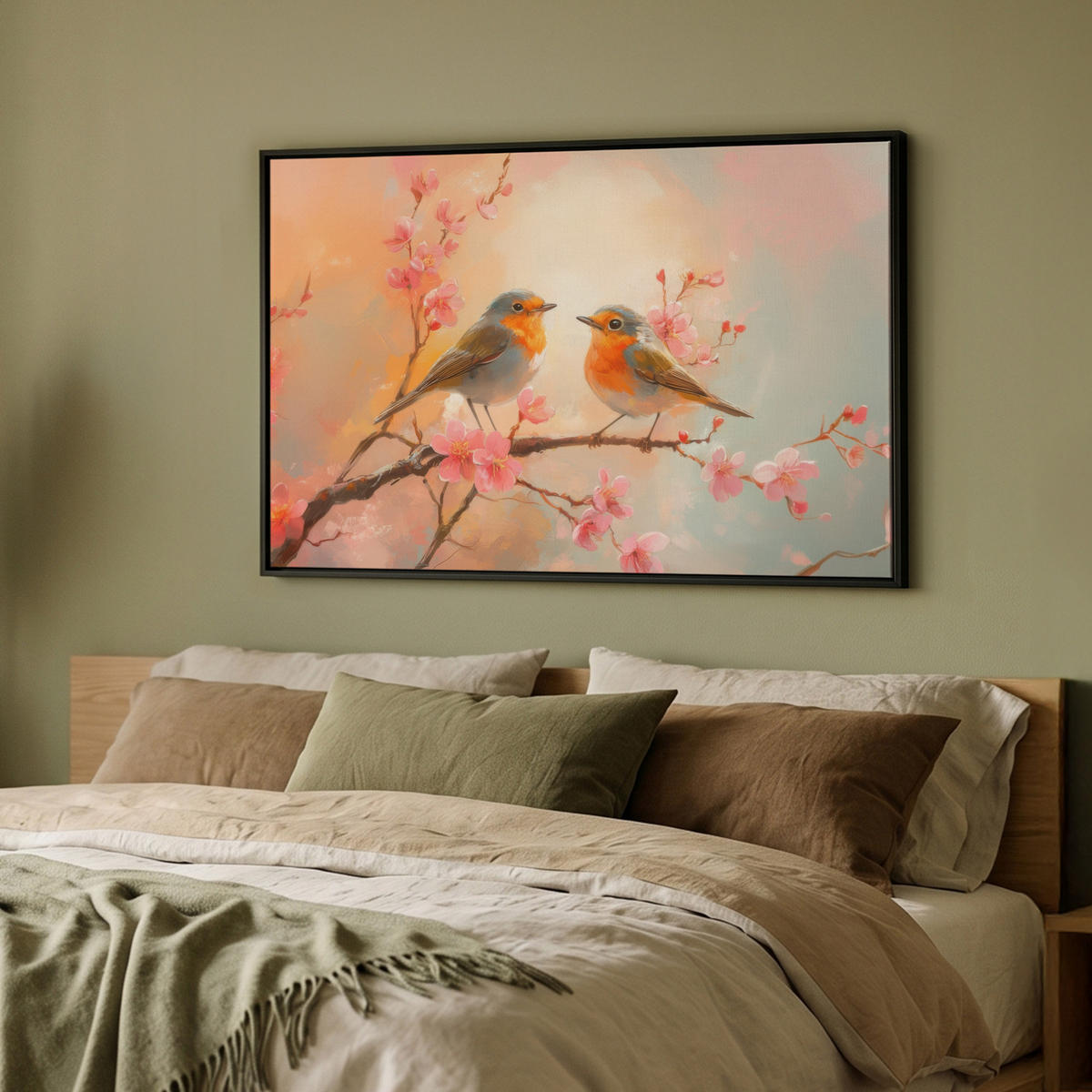 LEINWAND Bilder mit Rahmen - Rotkehlchen - Zierpflanze - Blütenzweig - 90x60 - Hellrosa, Textil (90/60cm) - MuchoWow