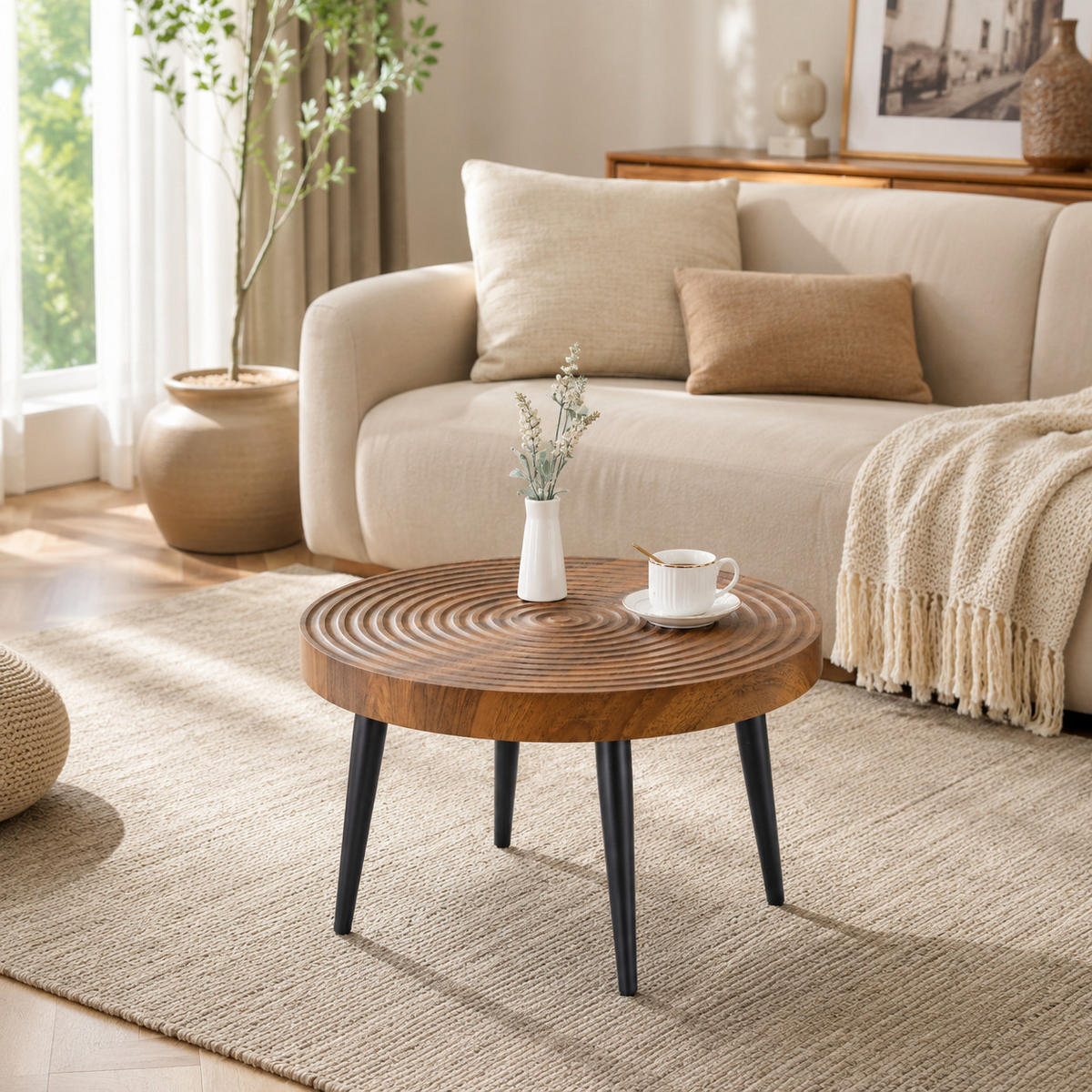 COUCHTISCH DE-37427 rund mit Jahresring-Optik Braun - Braun, Holz (60/60/37cm) - ComfortXL