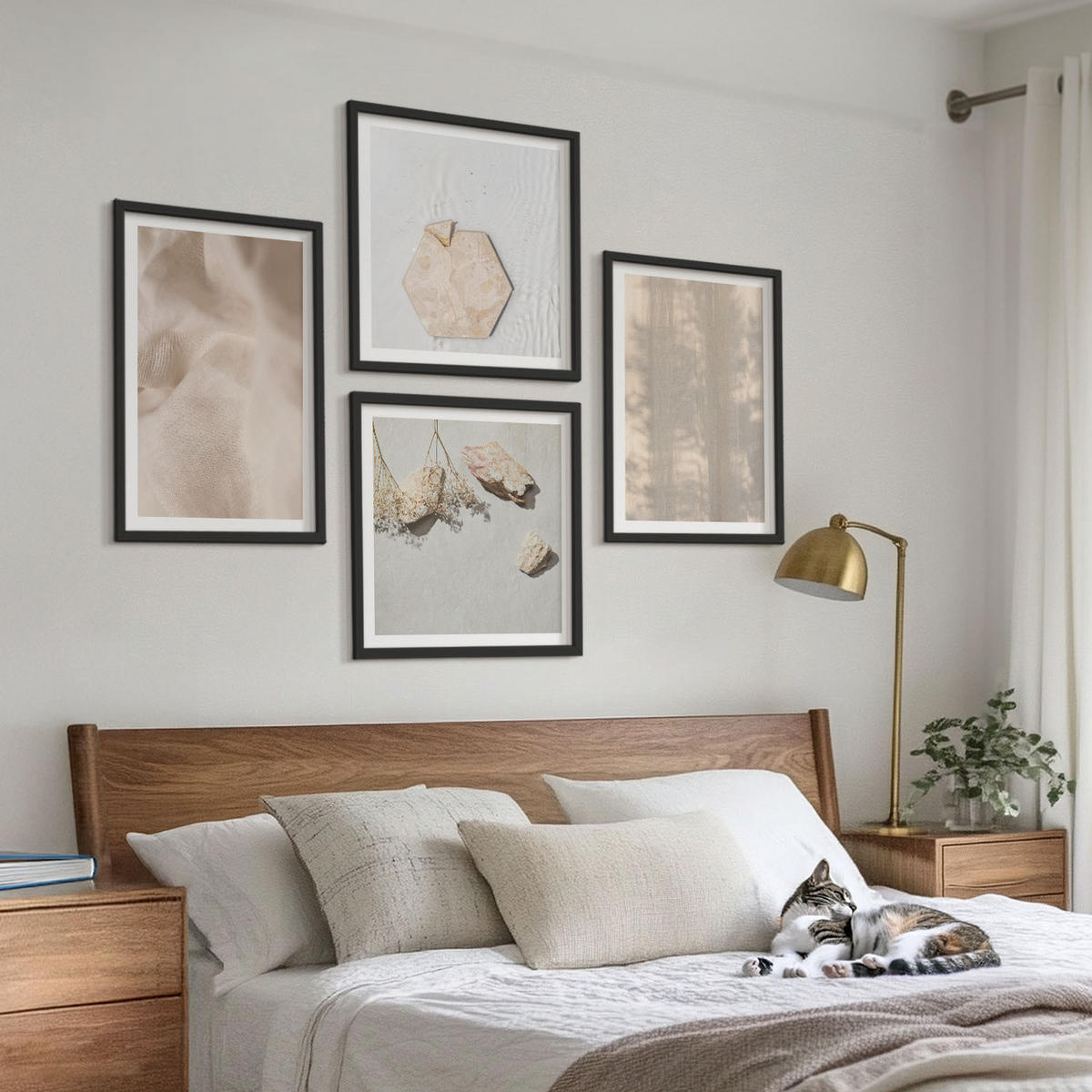 WANDBILDER 4er-Set - 50x50 cm & 40x60 cm Schwarzer Rahmen - Dezente Boho-Naturtexturen - Schwarz, Kunststoff (50/50cm) - ArtPrintCave
