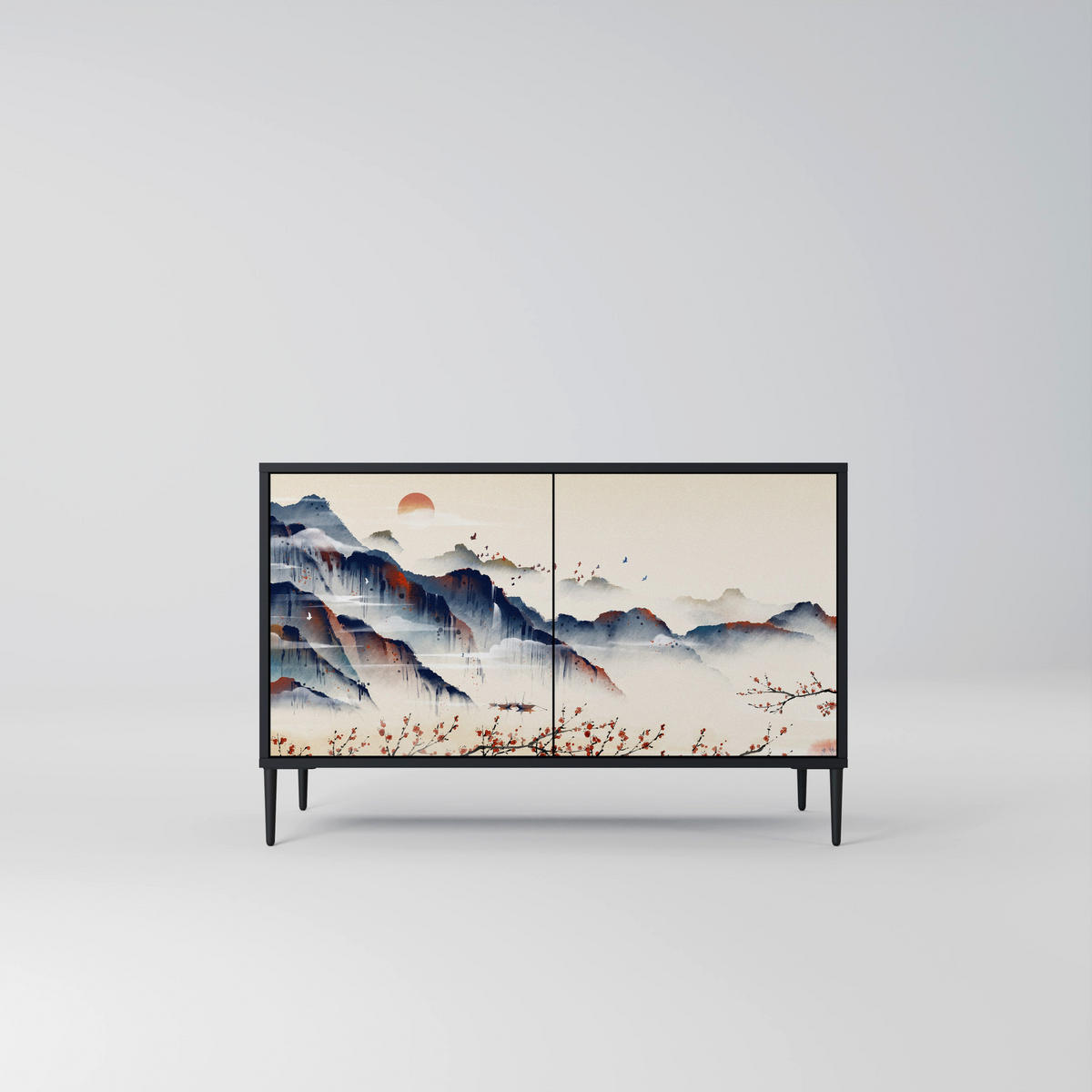 SIDEBOARD JAPANESE LANDSCAPE, Eicheneffekt, 111x42x77,5 cm, 2 Türen - Eichefarben/Buchefarben, Holzwerkstoff/Buchenholz (111/77.5/42cm) - SpaceRebels
