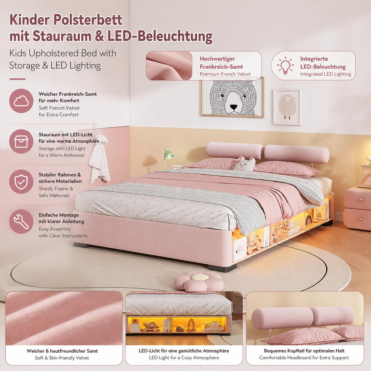 POLSTERBETT 140/200 cm in Rosa mit LED, offenem Stauraum und flexiblen Kopfstützen aus Samt, niedriges Design - Schwarz/Rosa, Holzwerkstoff/Textil - STILVORA