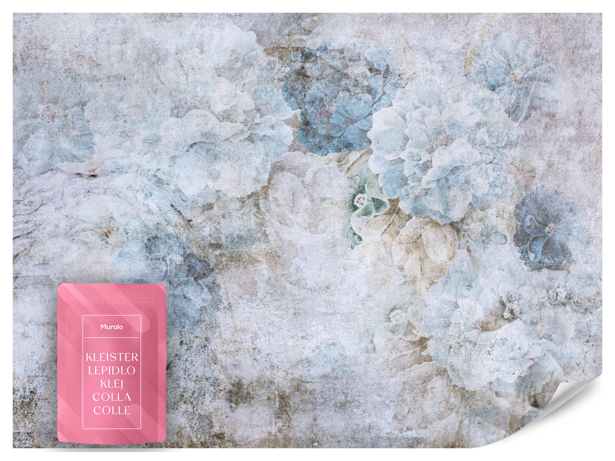 FOTOTAPETE Blaue Blumen Beton Vintage 400x280 - Grau, Papier (400/280cm) - Muralo