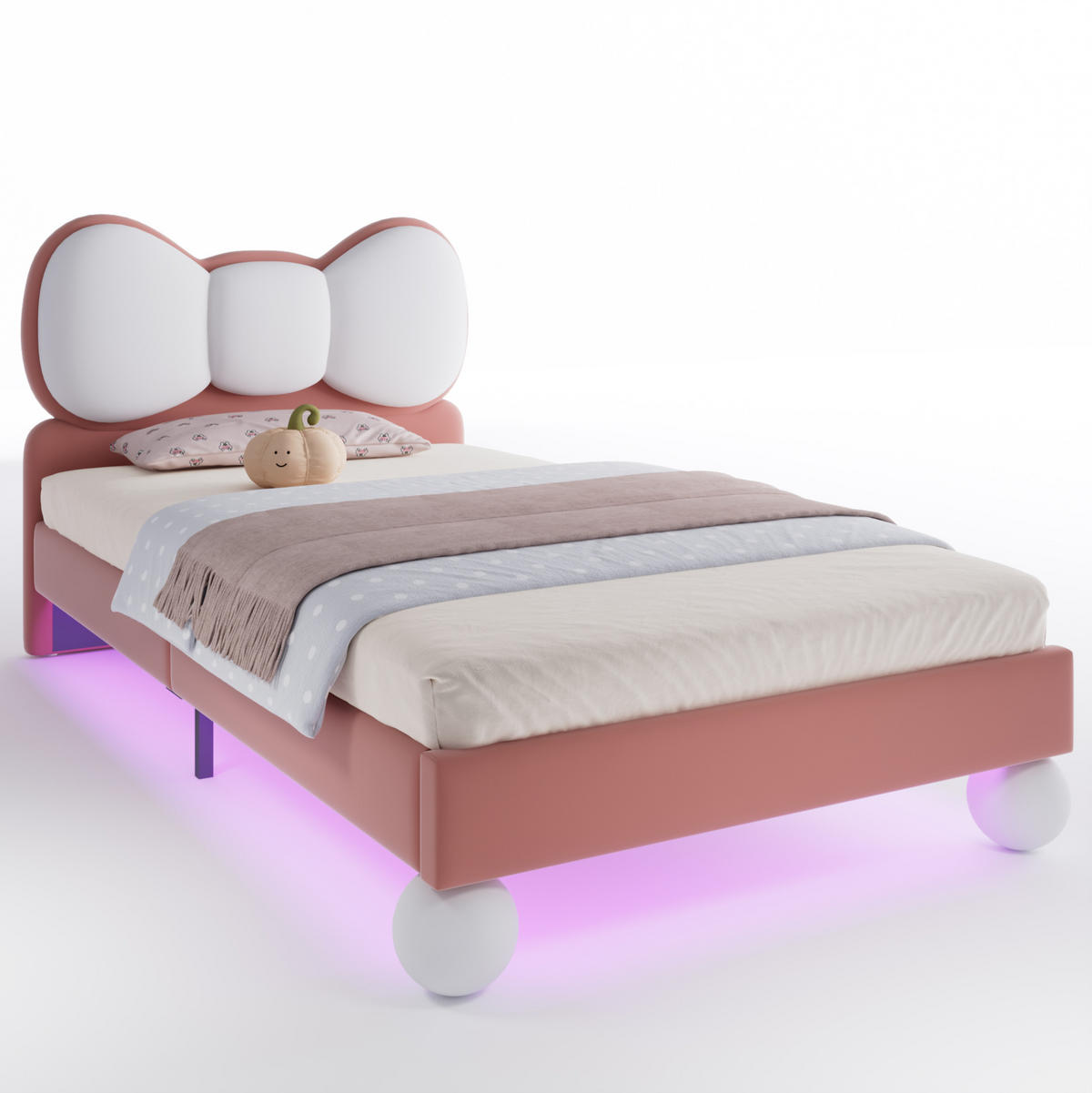KINDERBETT 90/200 cm aus Samt mit LED-Lichtleiste und flügelförmigem Kopfteil Rosa-Beige - Rosa, Textil (90/200cm) - Modenvie