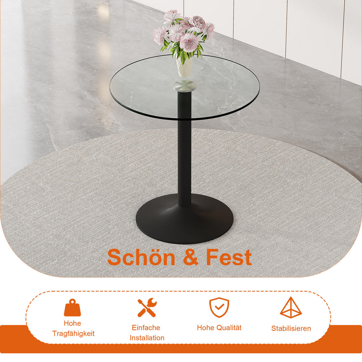 RUNDER Bartisch 89/89 cm, Höhe 92 cm mit Glasplatte und schwarzem Metallgestell - Schwarz, Holzwerkstoff (89/89/92cm) - BEAOK