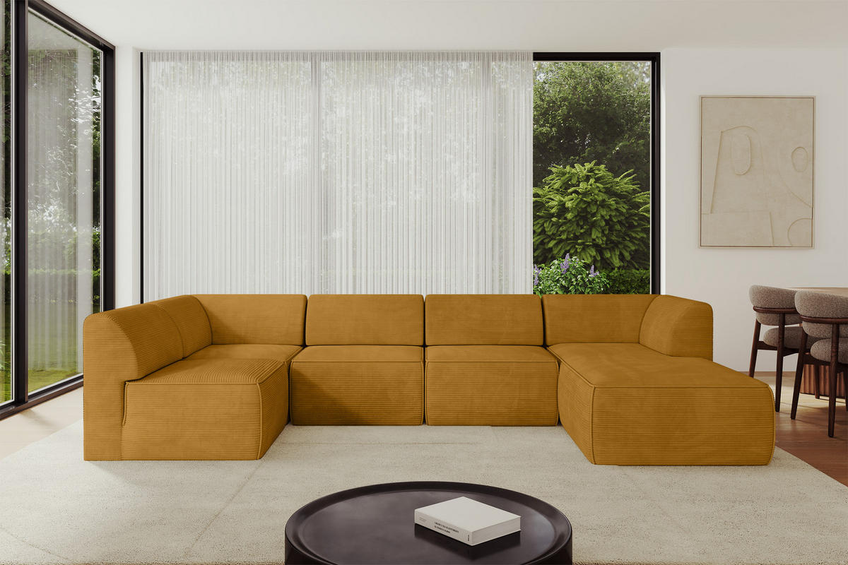 WOHNLANDSCHAFT Ottomane Rechts MOVO-L 345x180x78 cm Senffarbe Cord - Honig, Holzwerkstoff/Kunststoff (180/78/345cm) - ALTDECOR