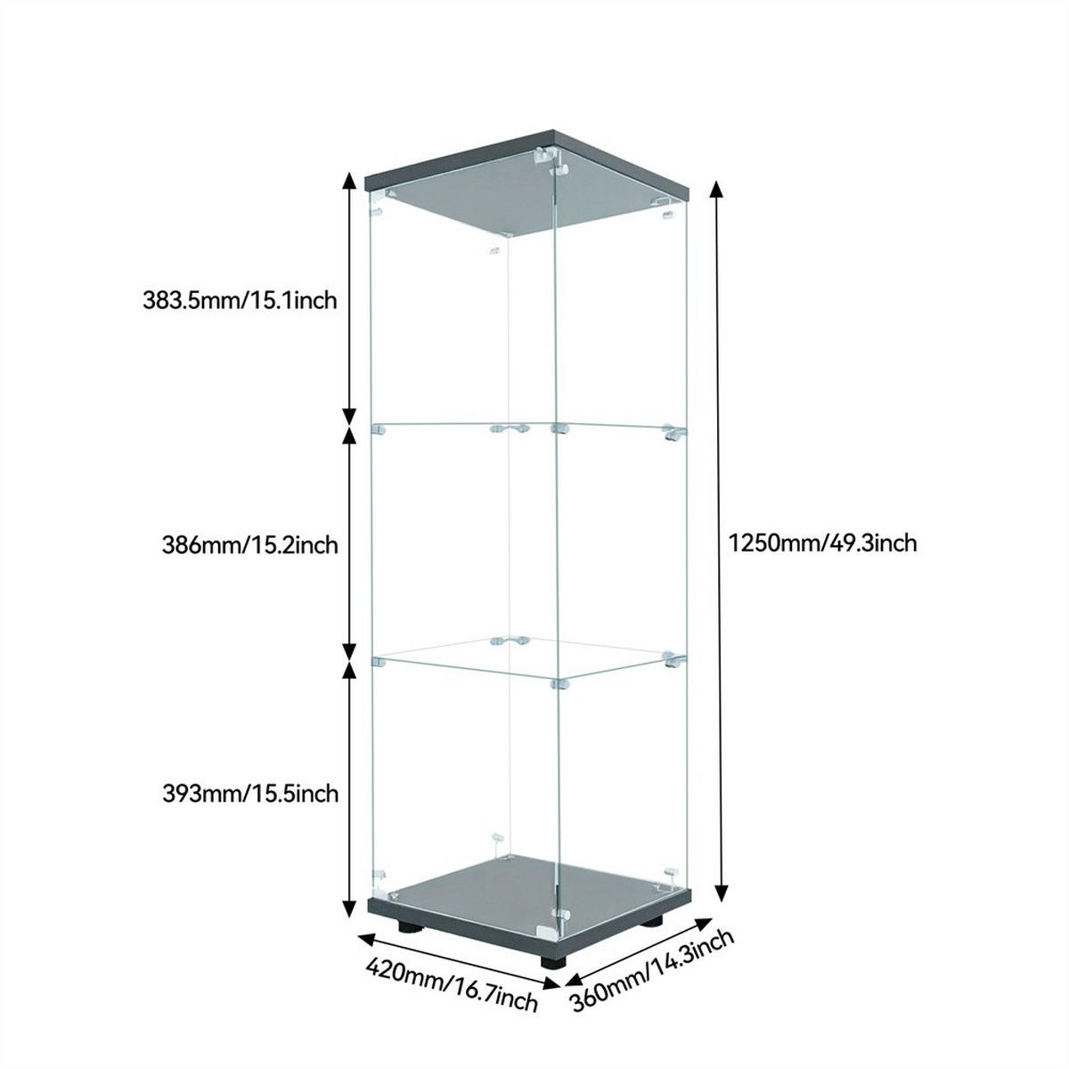 VITRINE - Glasvitrine mit 1 Tür und 3 Ebenen - integrierte LED-Beleuchtung - Schwarze Decken- und Bodenplatte - Schwarz, Glas (42/125/36cm) - DELFA