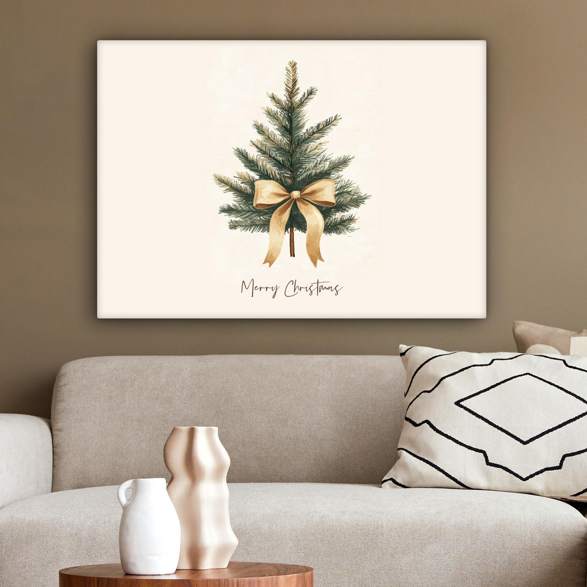 LEINWANDBILD Weihnachtsbaum - Weihnachten - Frohe Weihnachten - Beige Wandbilder 80x60 cm - Sandfarben, Textil (80/60cm) - MuchoWow