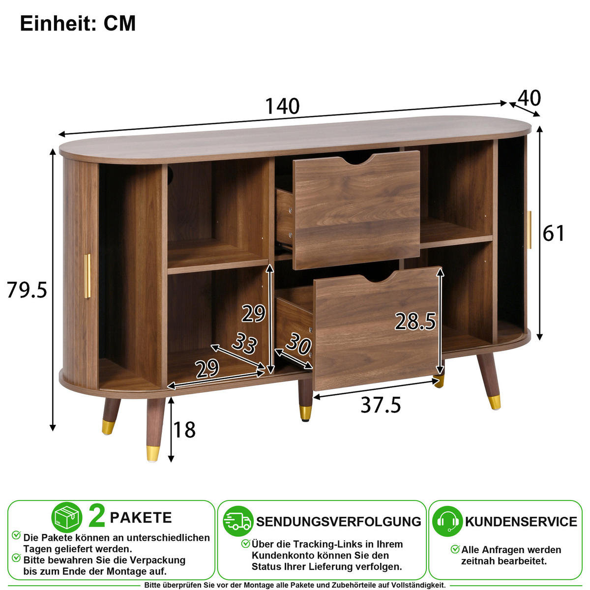 SIDEBOARD Nussbaum 140/40/79,5 cm aus MDF mit Schiebetüren, Schubladen und offenen Fächern - Nussbaumfarben, Holzwerkstoff/Metall (140/79.5/40cm) - CHICFURN