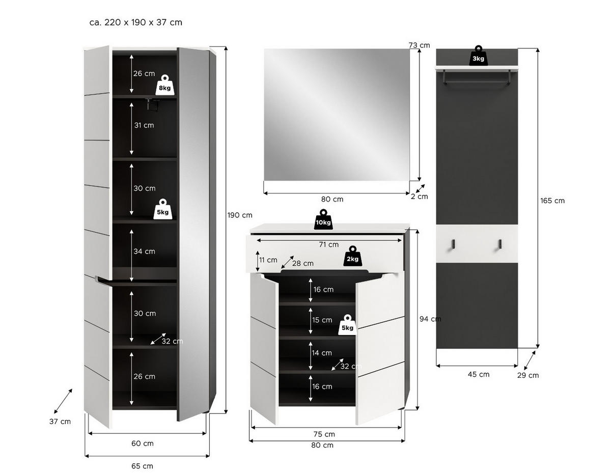 GARDEROBEN-SET 4-teilig in weiß, grau 220 cm, Komplettset mit Soft-Close, Cooper - Schwarz/Weiß, Glas/Holzwerkstoff (220/190/37cm) - Inn.Furn