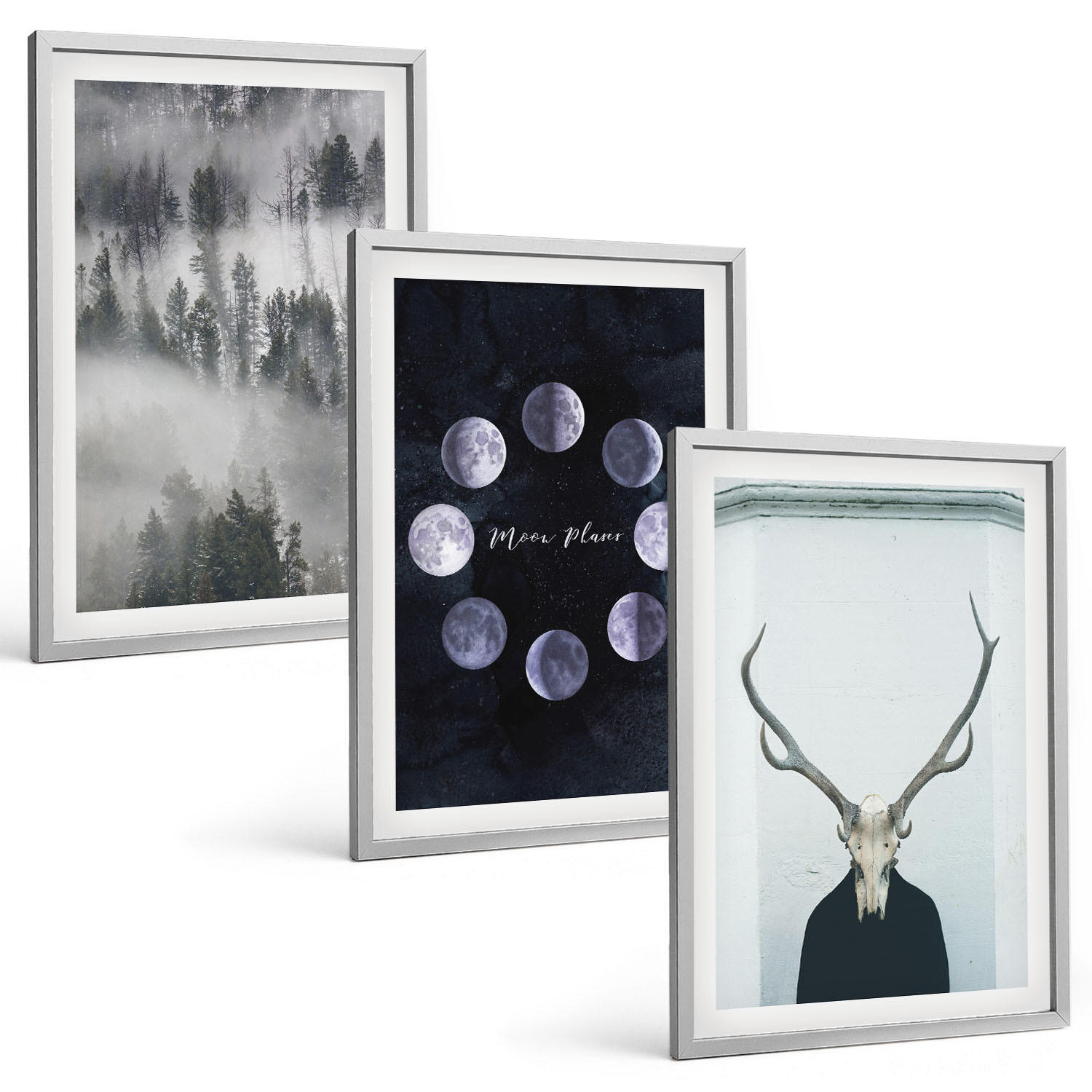 BILDER SET 3er Set - 40x60 cm Silberner Rahmen - Waldlandschaft, Nebel, Mond, Hirschschädel - Silberfarben, Kunststoff (40/60cm) - TULUP