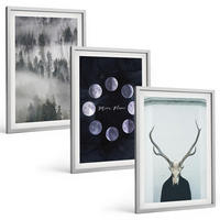 BILDER SET 3er Set - 40x60 cm Silberner Rahmen - Waldlandschaft, Nebel, Mond, Hirschschädel - Silberfarben, Kunststoff (40/60cm) - TULUP