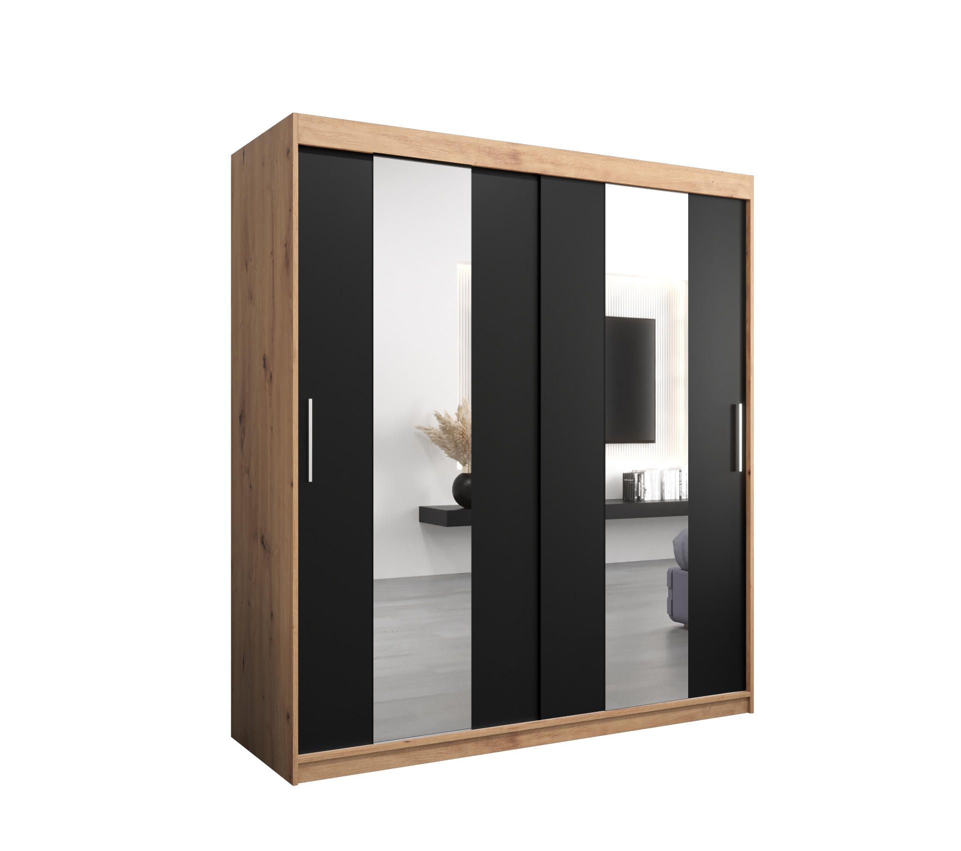 Abiks Möbel SCHWEBETÜRENSCHRANK Eiche Artisan, Schwarz 180cm × 62cm × 200cm