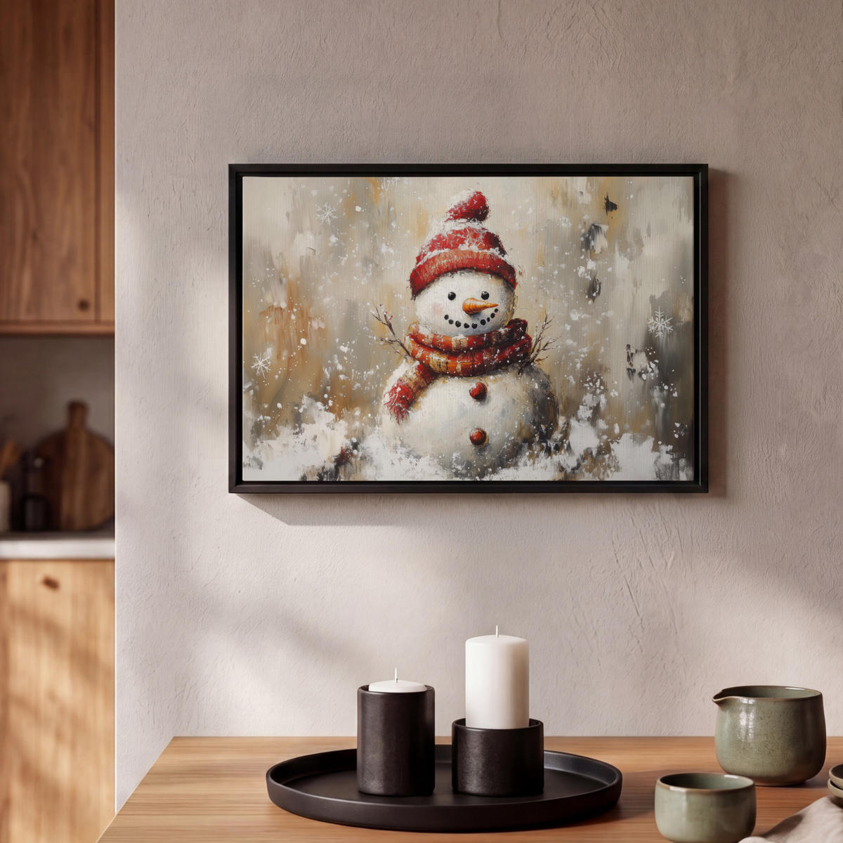 LEINWAND Bilder mit Rahmen - Schneemann - Winter - Schnee - Beige - 30x20 - Weiß, Textil (30/20cm) - MuchoWow