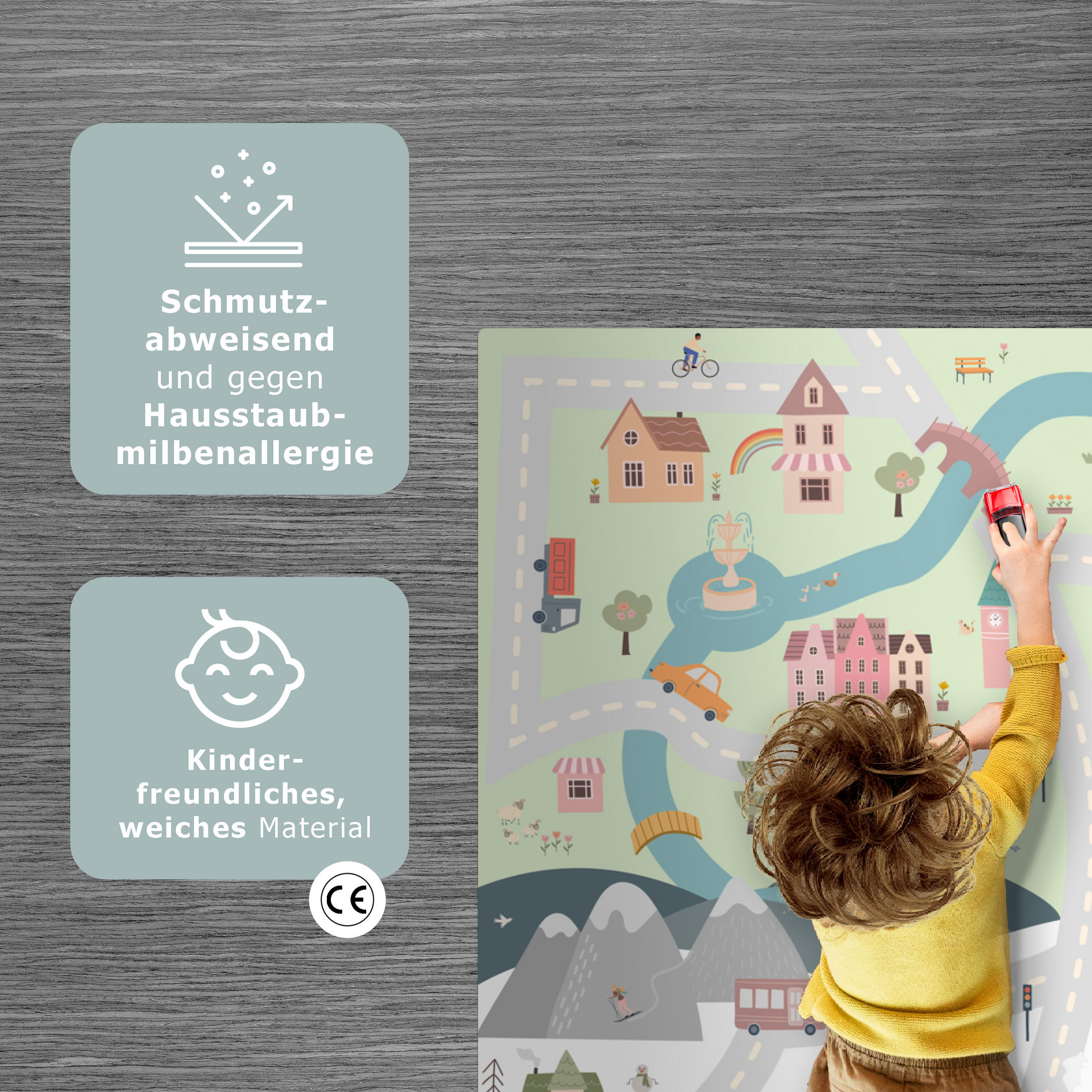 KINDERTEPPICH Jahreszeiten - Stadt - Häuser - Straße - Kinder - Auto 135x90 cm - Multicolor, Kunststoff (135/90cm) - MuchoWow