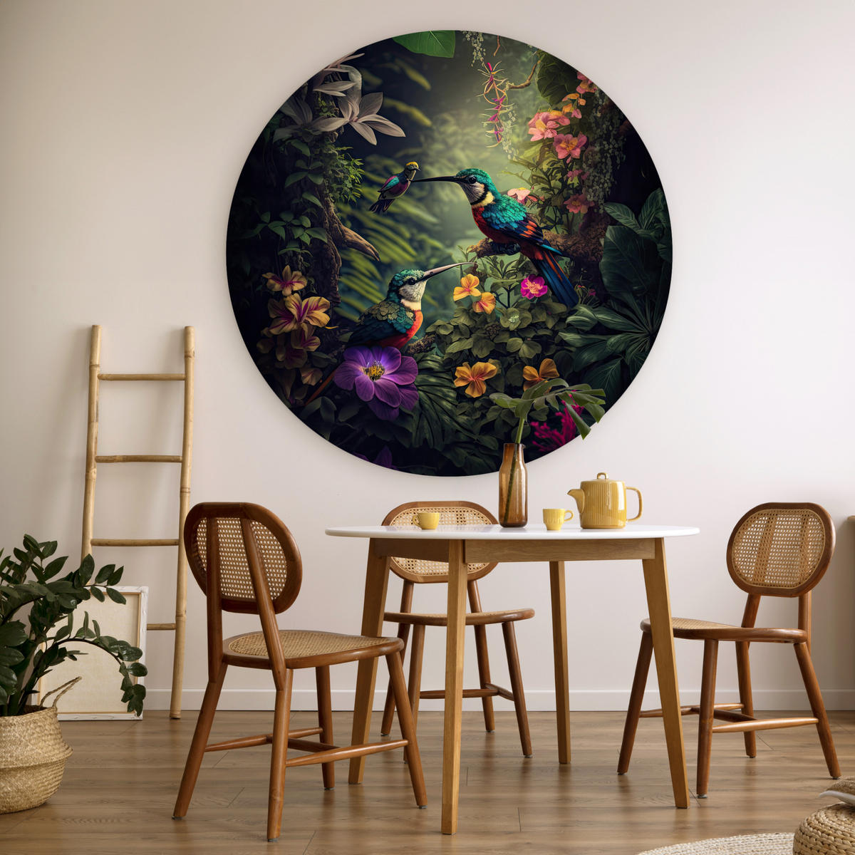 WANDBILD Blumen - Vogel - Dschungel - Pflanzen 140x140 cm - Petrol, Kunststoff (140/140cm) - MuchoWow