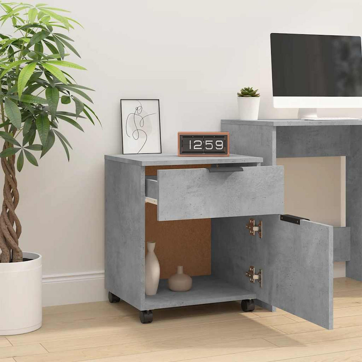 ROLLCONTAINER Mosab rollbar Betongrau 45x38x54 cm - Hellgrau, Holz (45/54/38cm) - DELUKE