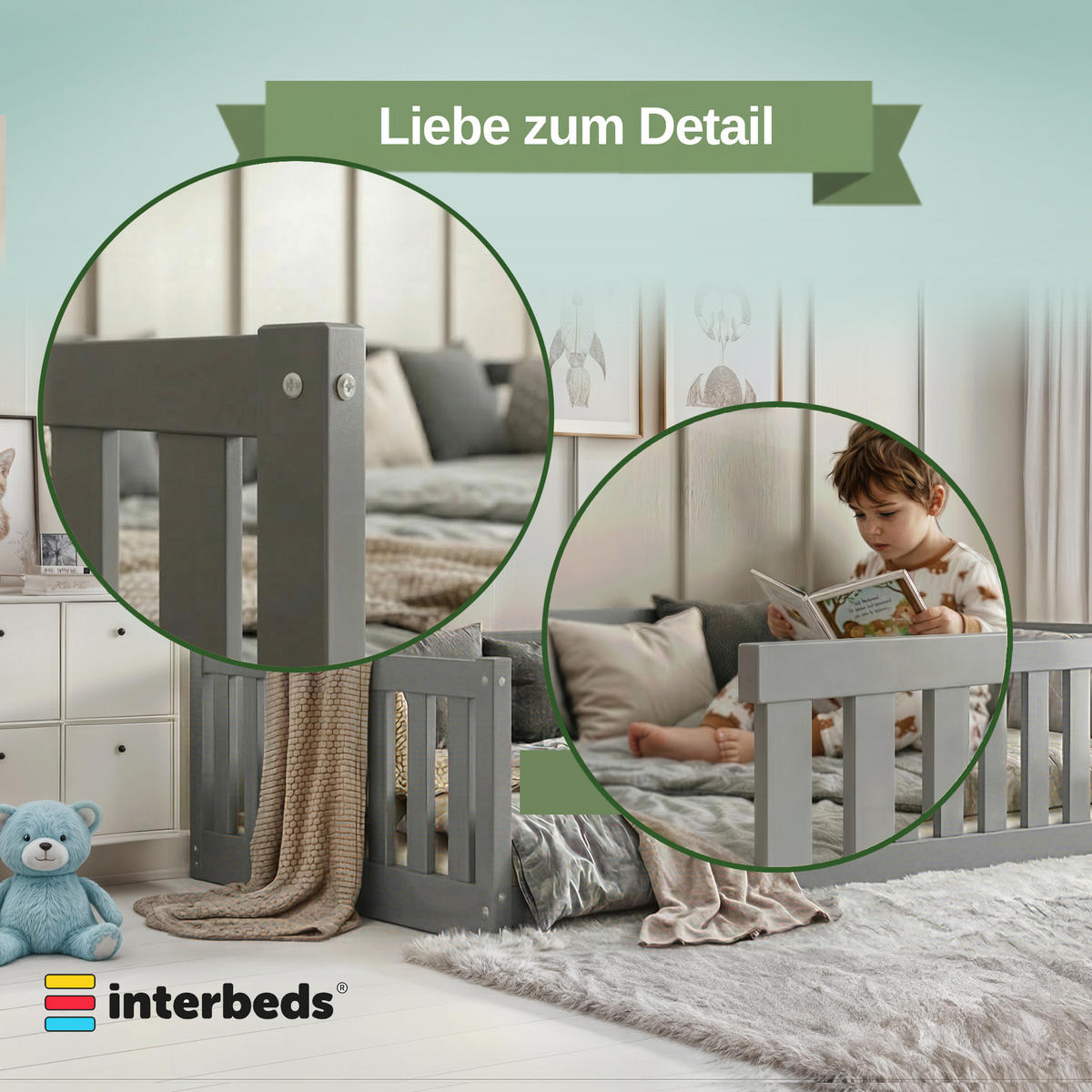 BODENBETT Bella 160x80 mit Rausfallschutz & Lattenrost Kinderbett aus Holz - Grau, Holz (80/160cm) - Interbeds