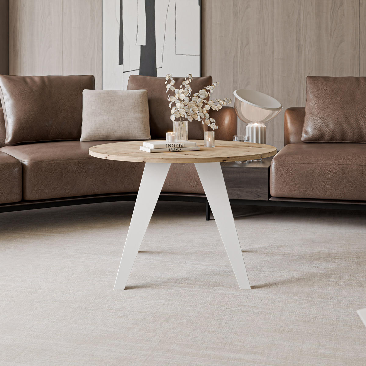 COUCHTISCH FRESCO 75/50 cm runden, Weiß / Artisan-Eiche - Weiß/Eiche Artisan, Metall (75/75/50cm) - Idohome