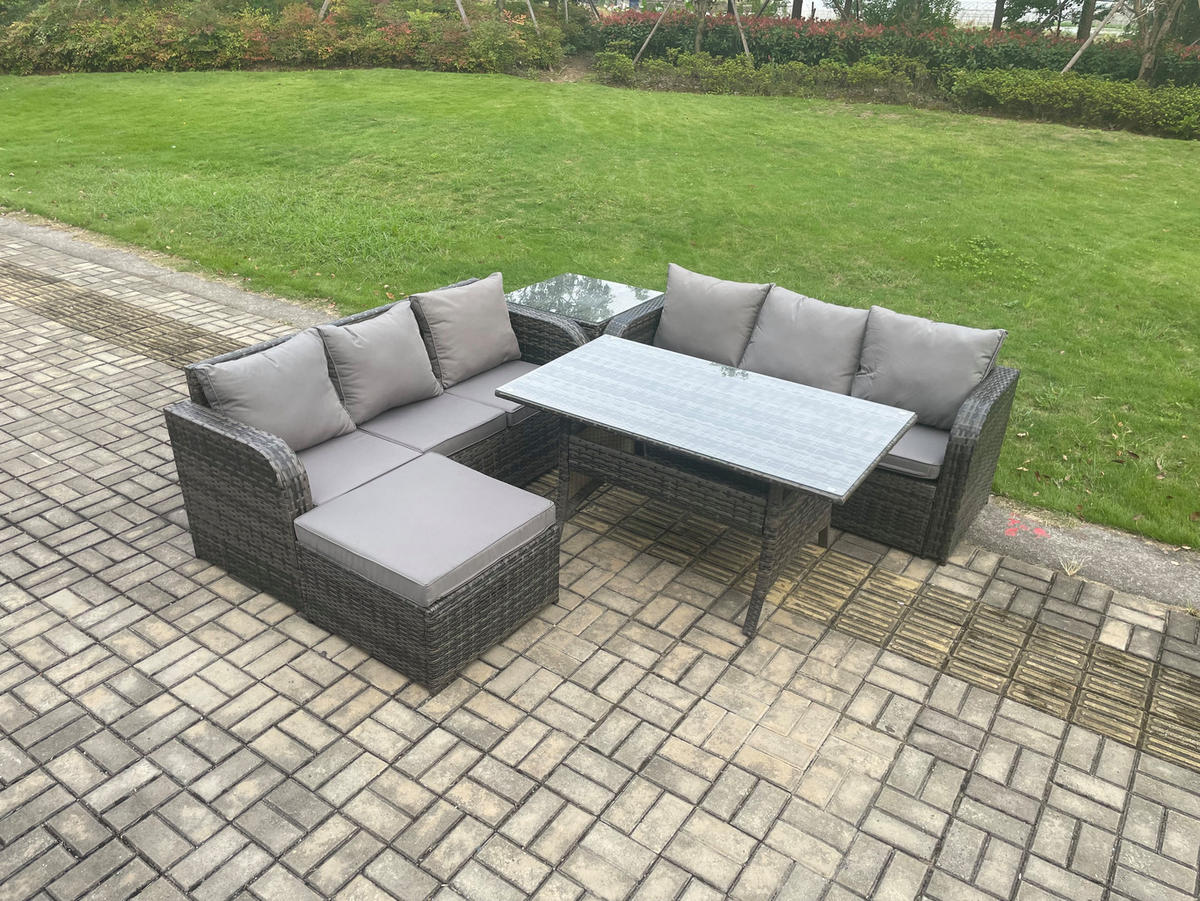 GARTENTISCHGRUPPE mit Beistelltisch,Hocker Polyrattan Dunkelgrau 7-Sitzer - Dunkelgrau/Grau, Glas/Kunststoff - Fimous