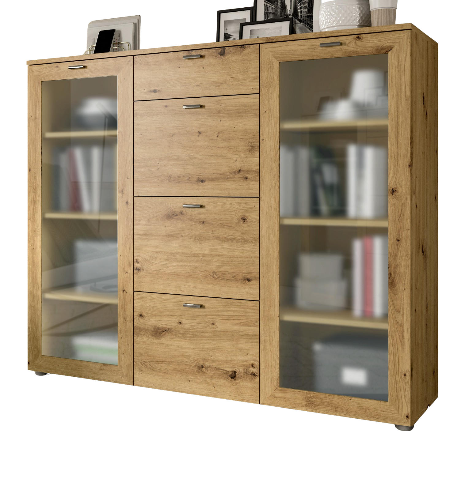 HIGHBOARD Eiche Artisan 135 cm, 2 Türen mit Glaselement - Silberfarben/Eiche Artisan, Glas/Holzwerkstoff (135/115/37cm) - Inn.Furn