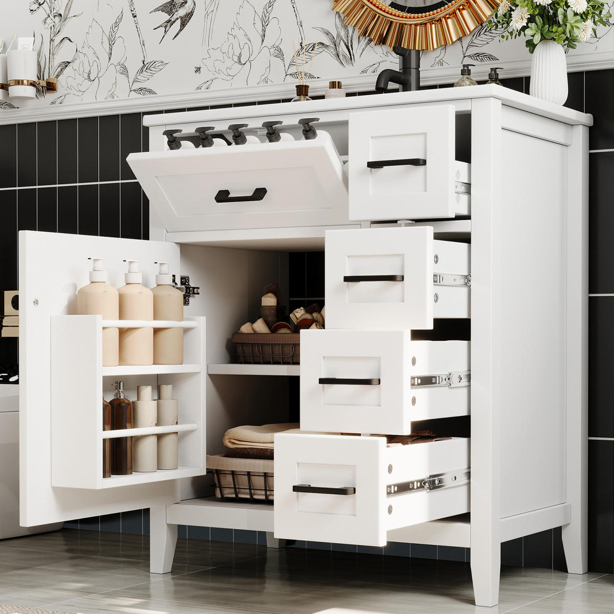 BADEZIMMERWASCHTISCH mit Keramikbecken und 4 Schubladen - Weiß, Holz/Metall (76/90/46cm) - PARAFTA HOME