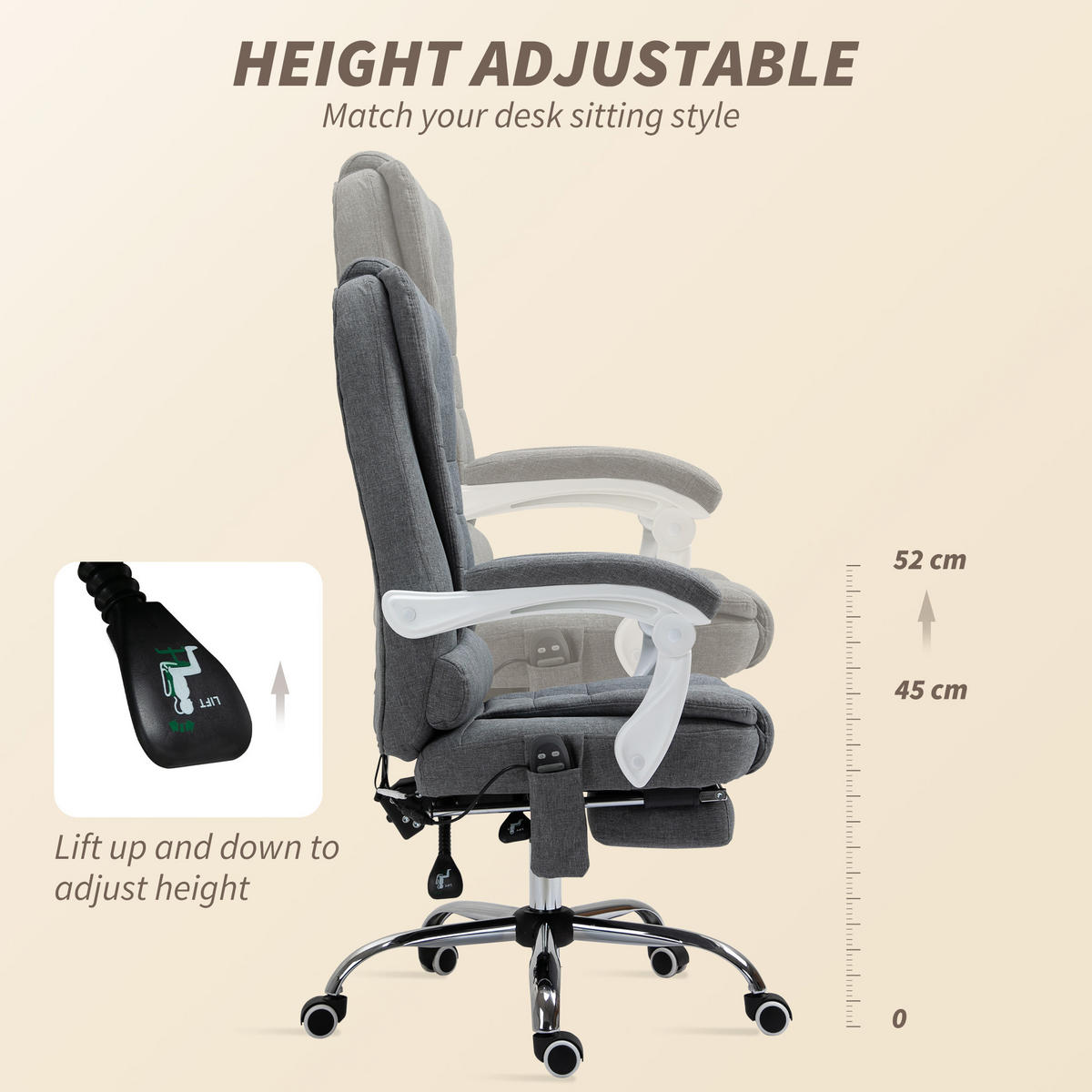 CHEFSESSEL mit Massagefunktion, Ergonomischer Schreibtischstuhl mit Liegefunktion - Silberfarben/Grau, Kunststoff/Textil (70/119/65cm) - Vinsetto