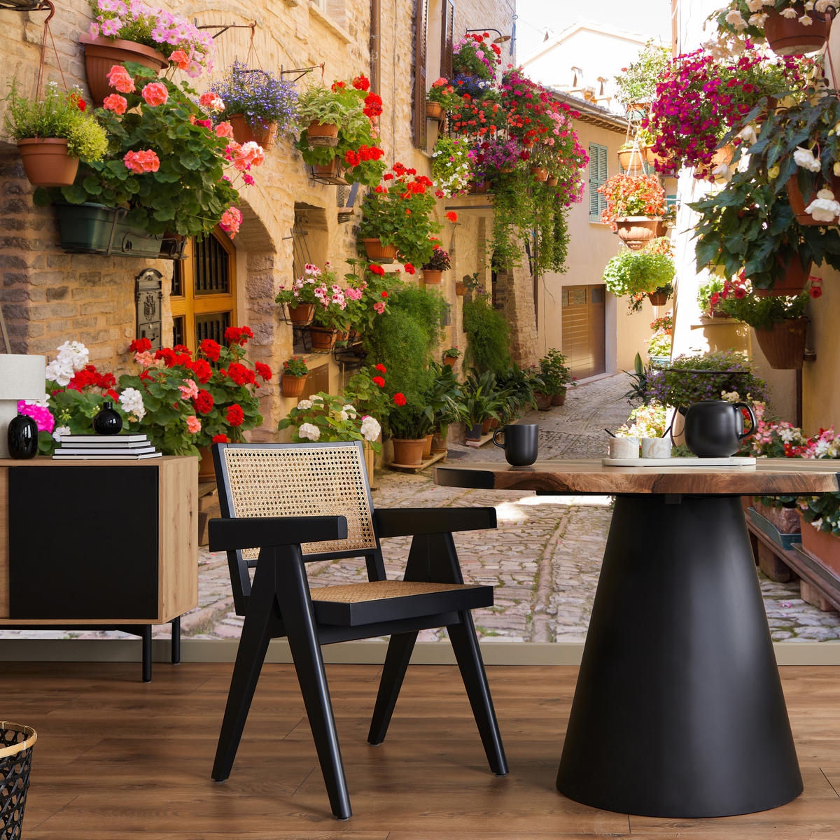 FOTOTAPETE für Wohnzimmer Italienische Steinstraße Blumen Pflanzen 150x105 - Beige/Rot, Papier (150/105cm) - Muralo