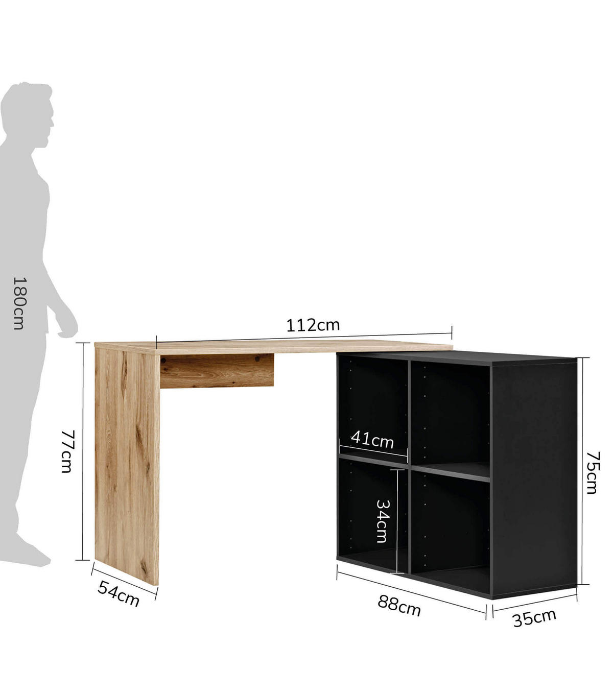 ECKSCHREIBTISCH Der Produktive - Eichefarben/Schwarz, Holzwerkstoff (54/112/77cm) - Mokebo