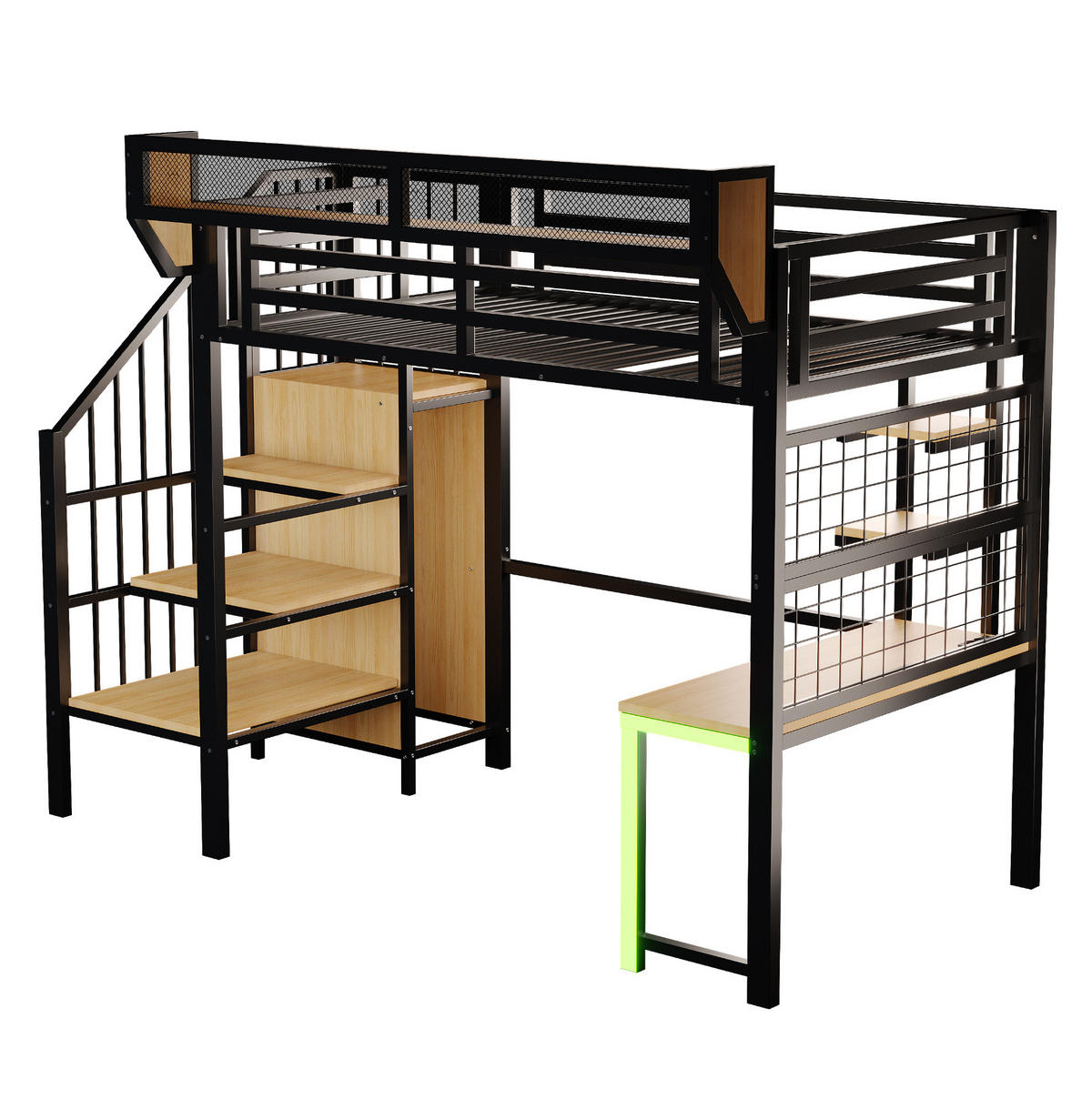 HOCHBETT 90/200 cm mit Schreibtisch, Regal, Aufbewahrungsleiter, LED-Beleuchtung und Steckdose, Schwarz - Schwarz, Holzwerkstoff (90/200cm) - Redom