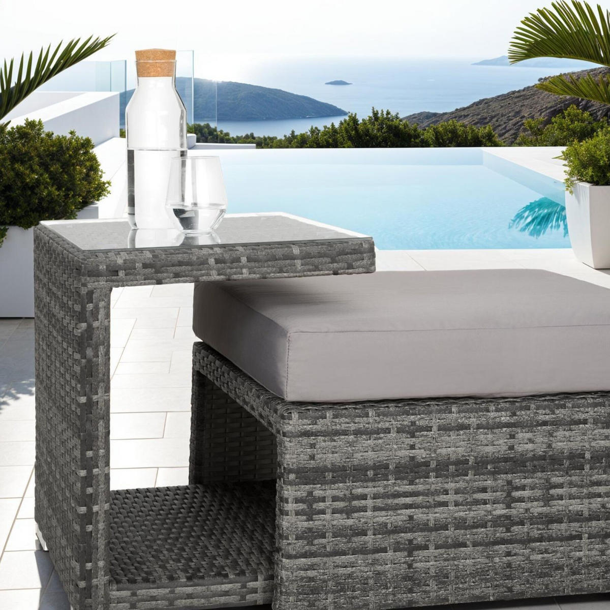 RATTANLOUNGE San Marino, mit Sicherheitsglasplatte, variabel aufstellbar, grau - Grau, Kunststoff (68/131/199cm) - tectake