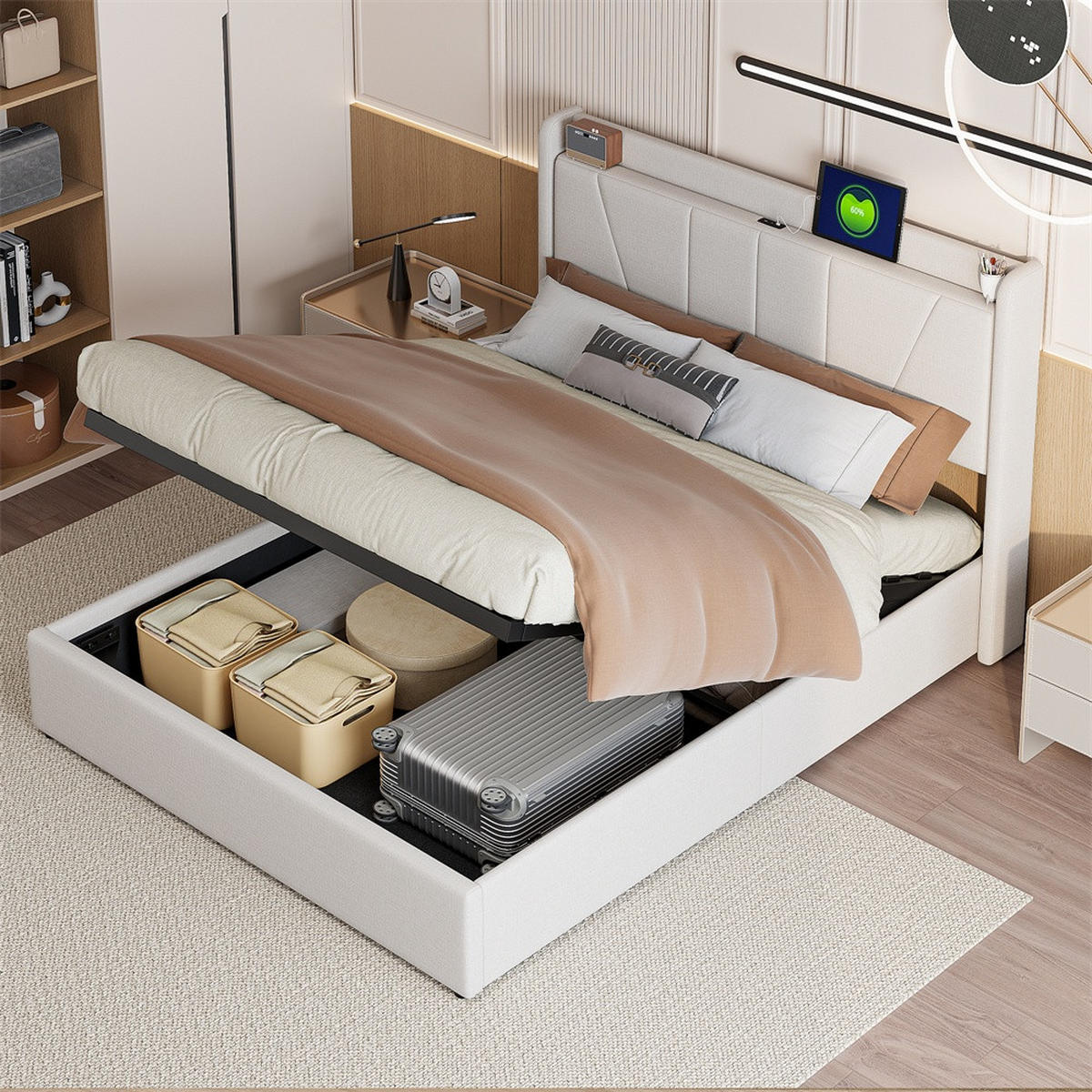 POLSTERBETT 160x200 cm - Hydraulisches Stauraumbett mit USB- und Type-C-Ladefunktion - ohne Matratze - Beige - Beige, Textil (160/200cm) - DELFA