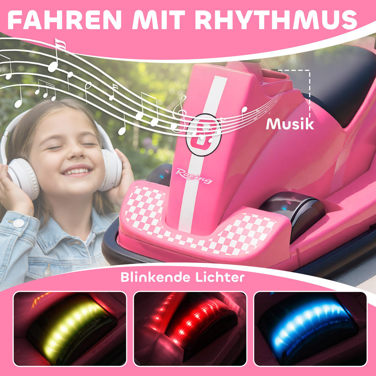 AUTOSCOOTER DE-06270 360° drehbar mit Lenkrad und LED-Lichtern Rosa - Pink, Kunststoff/Metall (74/53/48cm) - ComfortXL