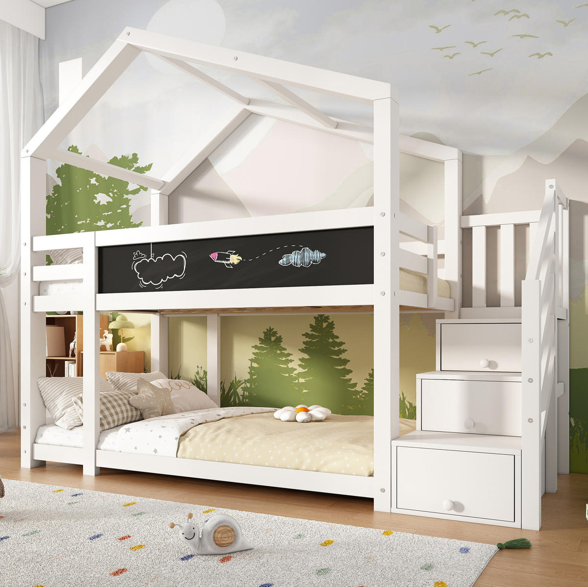 ETAGENBETT 90/200 cm mit Stauraumtreppe, Tafel und Rausfallschutz, Weiß - Weiß, Holzwerkstoff (90/90cm) - Redom