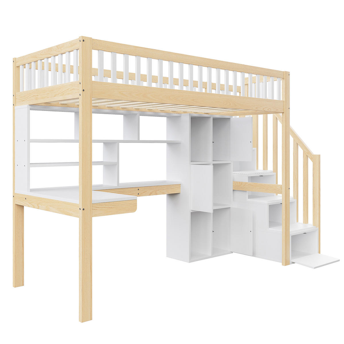 HOCHBETT 90/200 cm in Weiß & Natur mit LED, Ablageleiter, Regalen und Schreibtisch - Naturfarben, Holz (90/200cm) - STILVORA