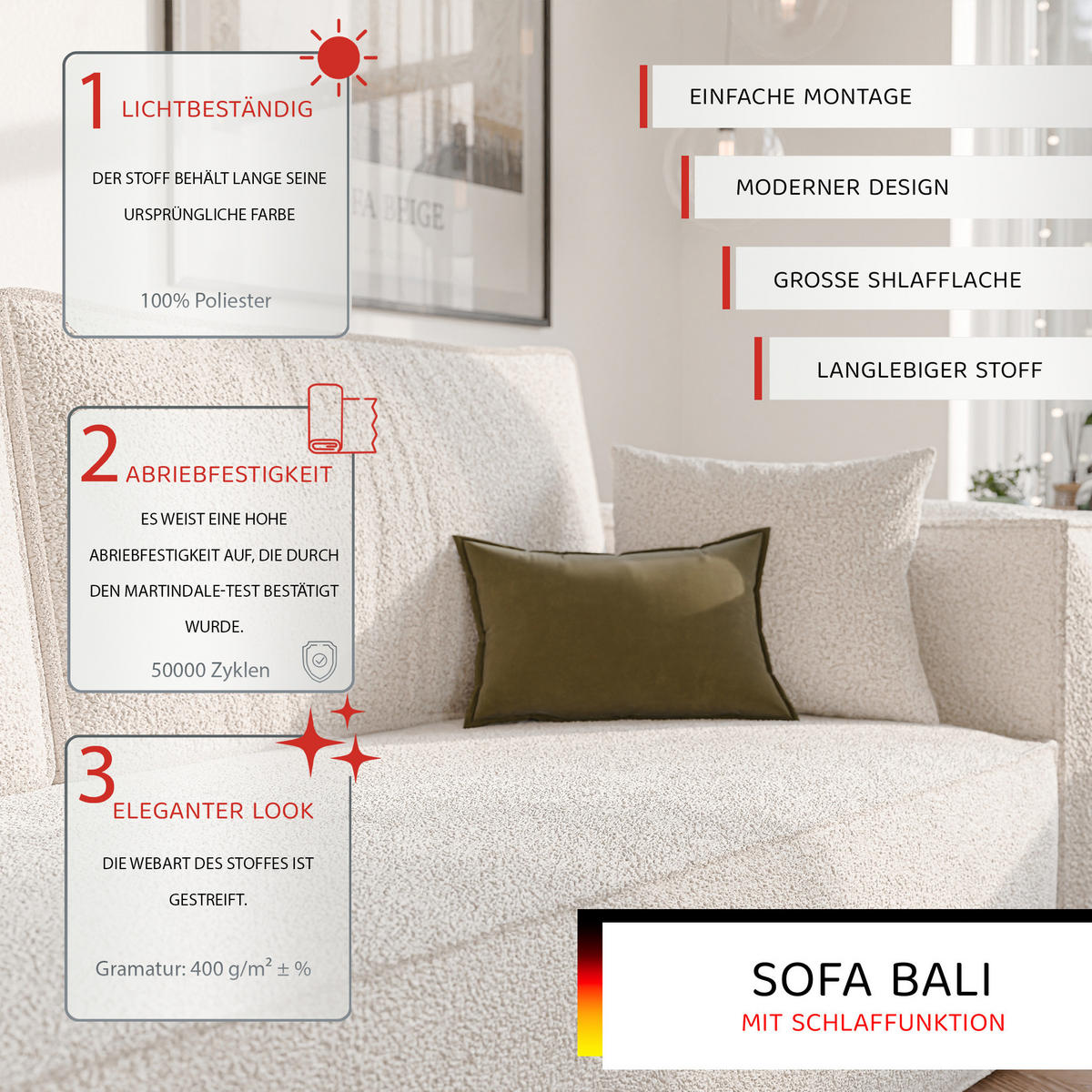 SOFA 3-Sitzer mit Schlaffunktion und Bettkasten, Creme - Beige/Creme, Holzwerkstoff/Textil (240/84/105cm) - Idohome