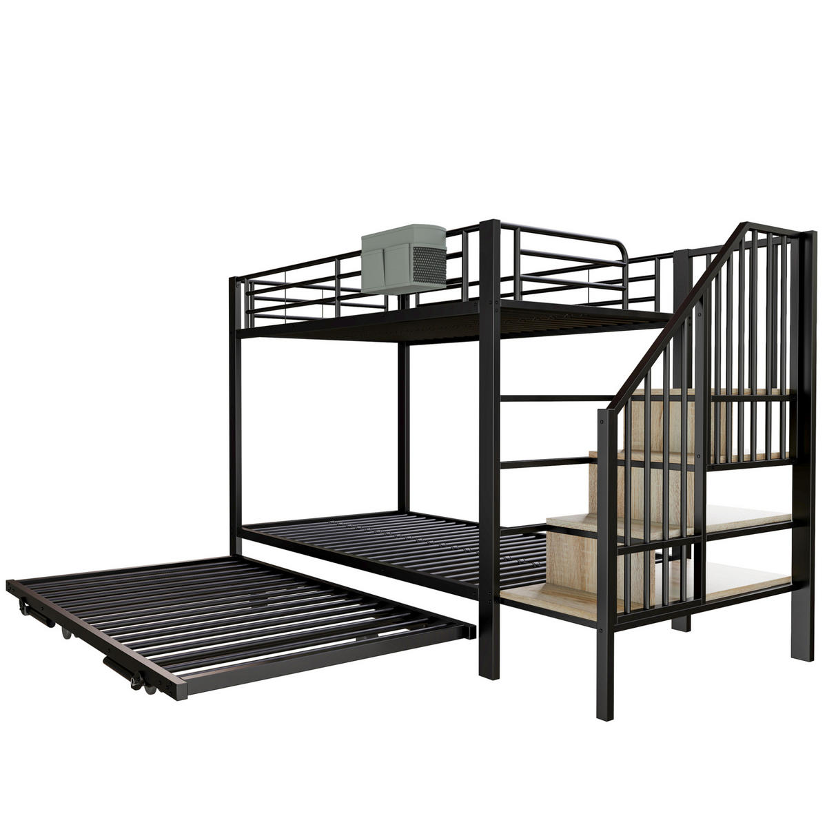 ETAGENBETT 90/200 cm mit Ausziehbett, Stauraumtreppe und Stofftasche, Metall, Schwarz - Schwarz, Metall (90/200cm) - Redom