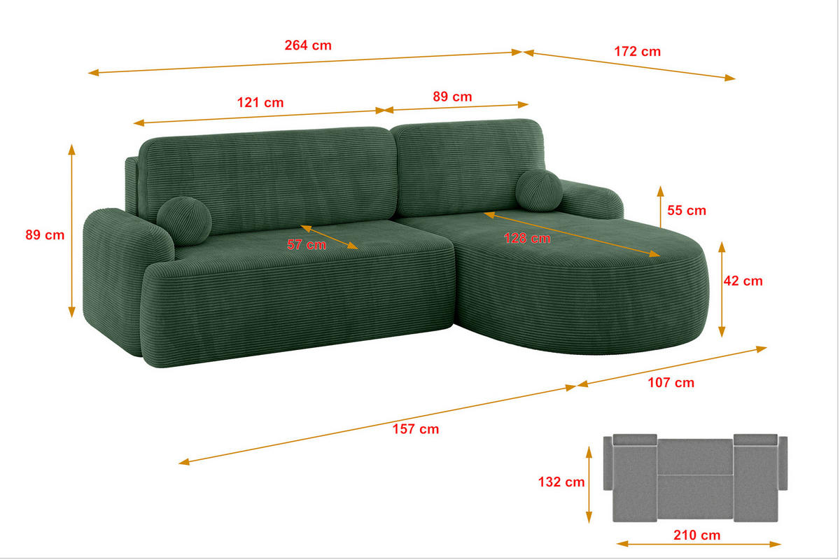 ECKSOFA mit Schlaffunktion und Bettkasten LIRA-L - 264x172x89 Grün - Grün, Holzwerkstoff/Textil (172/264cm) - ALTDECOR