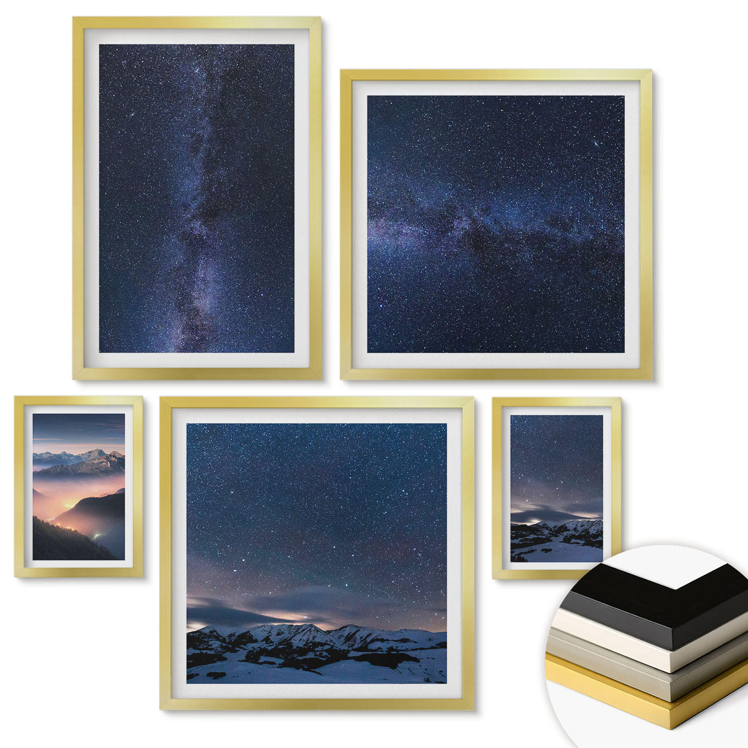 WANDBILDER 5er Set - 50x50 cm & 20x30 cm & 40x60 cm Goldrahmen - Spiegelung der Felsen in Bergseen - Goldfarben, Kunststoff (40/60cm) - ArtPrintCave