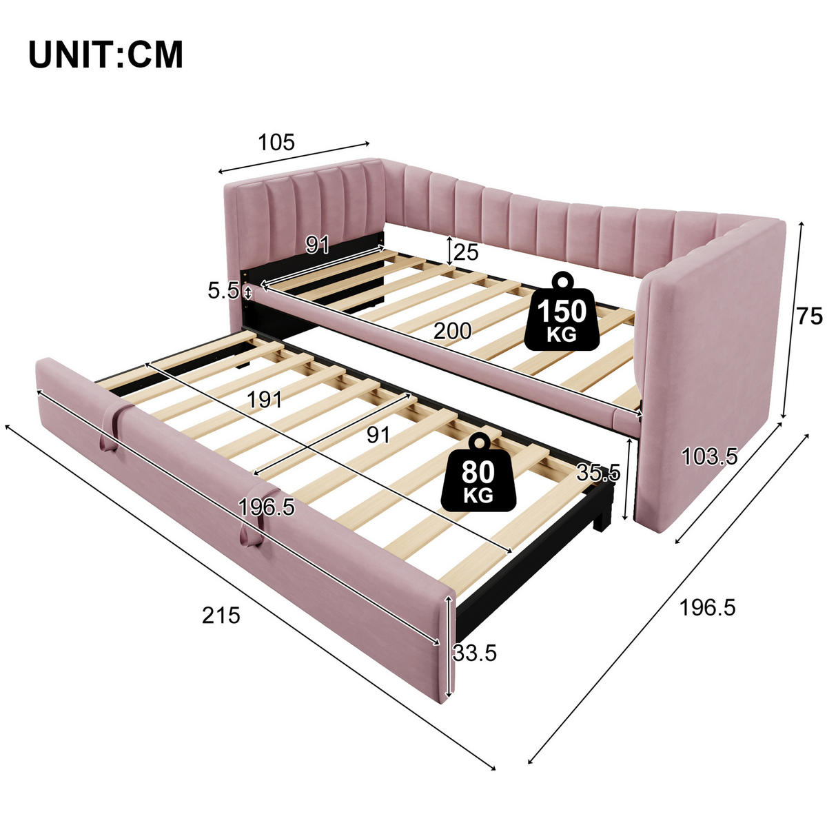 TAGESBETT 90/200 cm mit ausziehbarem Rollbett, Samtbezug und MDF-Gestell, Rosa - Rosa, Textil (180/200cm) - Redom