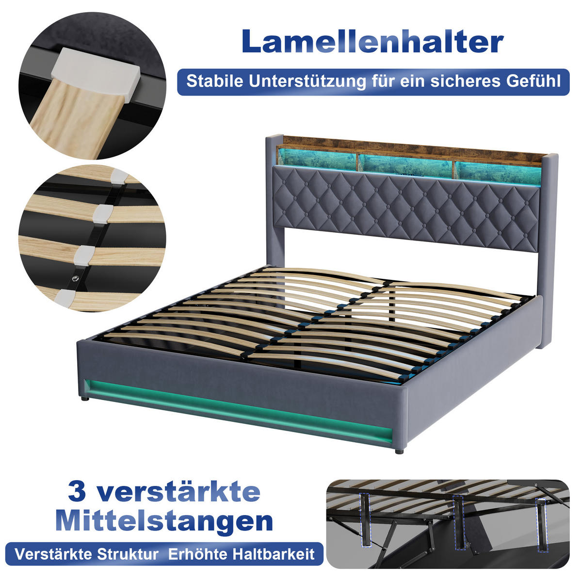 POLSTERBETT 180/200 cm in Grau, Samt, mit Bettkasten, USB, LED, ohne Matratze - Grau, Holzwerkstoff/Textil (180/200cm) - WISHDOR