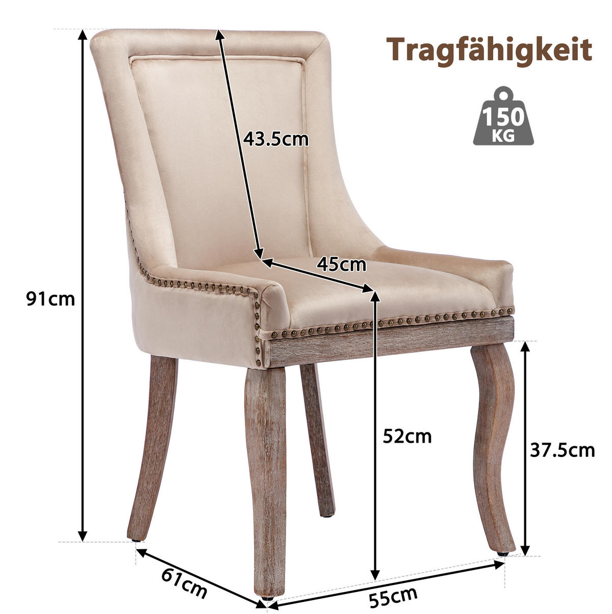 ESSZIMMERSTUHL gepolstert Samt Beige Massivholzrahmen 6er-Set - Beige, Holz (61/91/55.2cm) - Meubliv