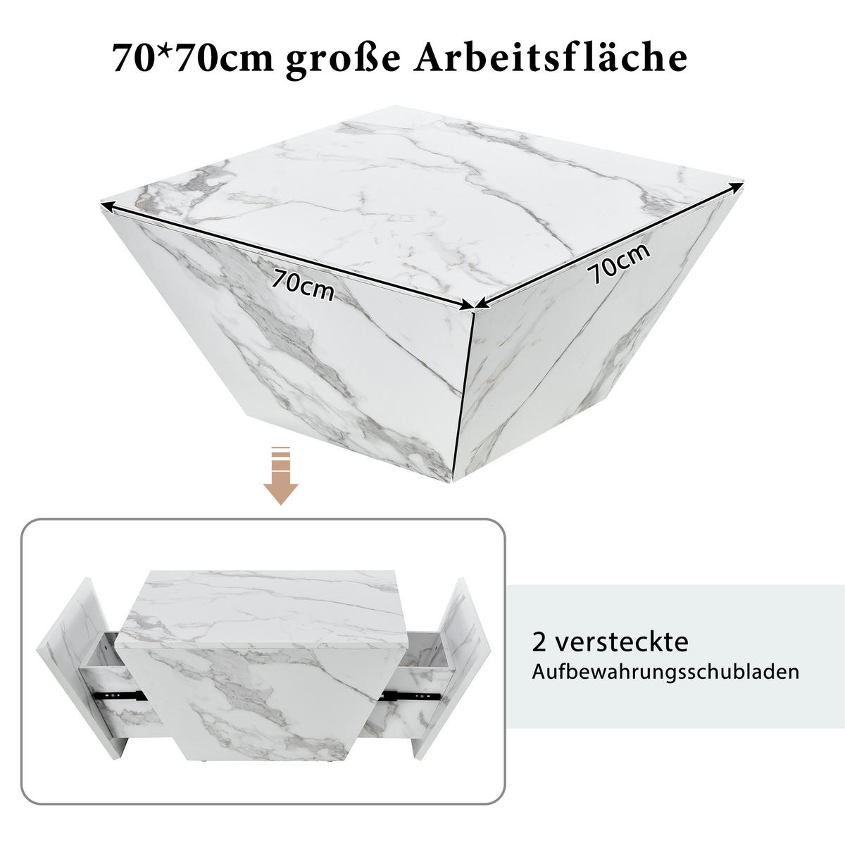 COUCHTISCH Trapezförmiger weiß mit Marmorfurnier 70 × 70 × 37 cm aus MDF - Weiß, Holzwerkstoff (70/70/37cm) - Luhomfu