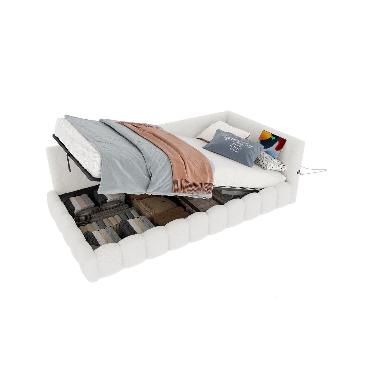 POLSTERBETT mit LED-Beleuchtung 90/200 cm mit Bettkasten & USB/Typ-C - Weiß, Textil (90/200cm) - BEAOK