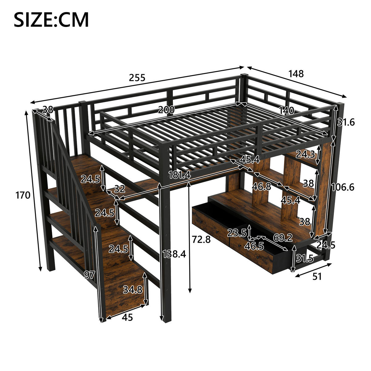 HOCHBETT 140/200 cm schwarz aus MDF und Metall mit Schreibtisch - Schwarz, Holzwerkstoff (140/200cm) - OKWISH